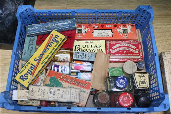 A collection of advertising arts materials, bottles etc